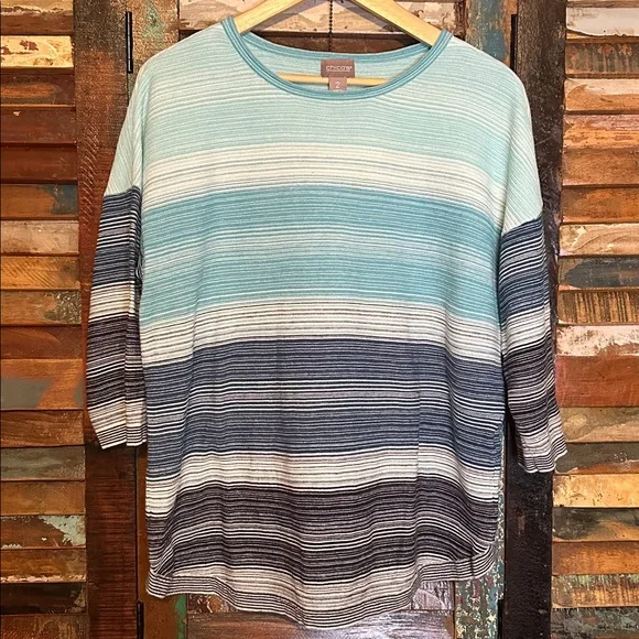 Chico's Casual Multicolor Striped Crewneck Sweater 3/4 sleeve size 2 - Picture 2 of 6